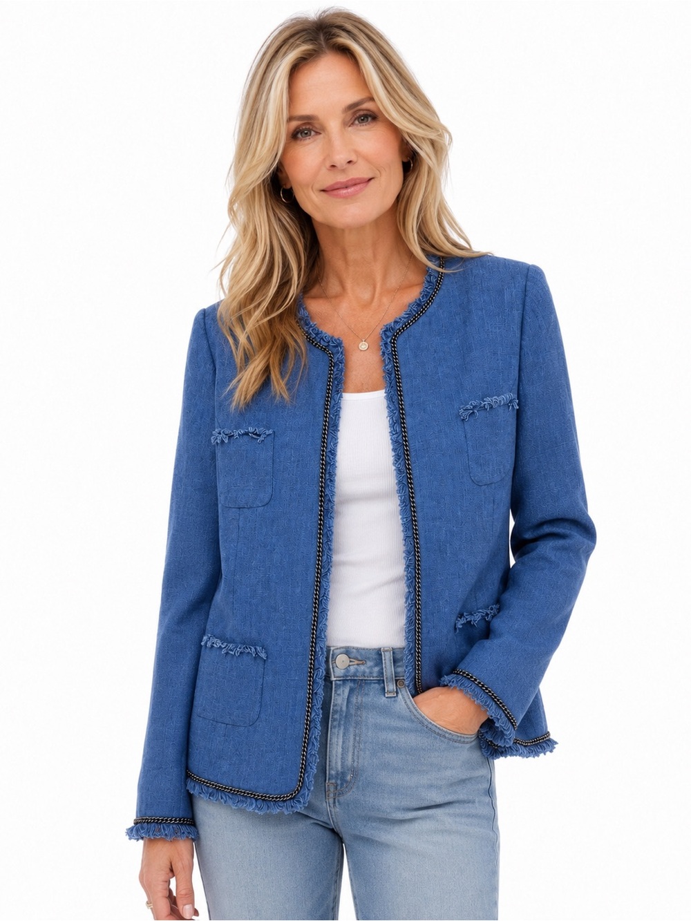 Soft Surroundings Chambray Blue Linen Chain Trim Fringe Blazer Jacket Size M